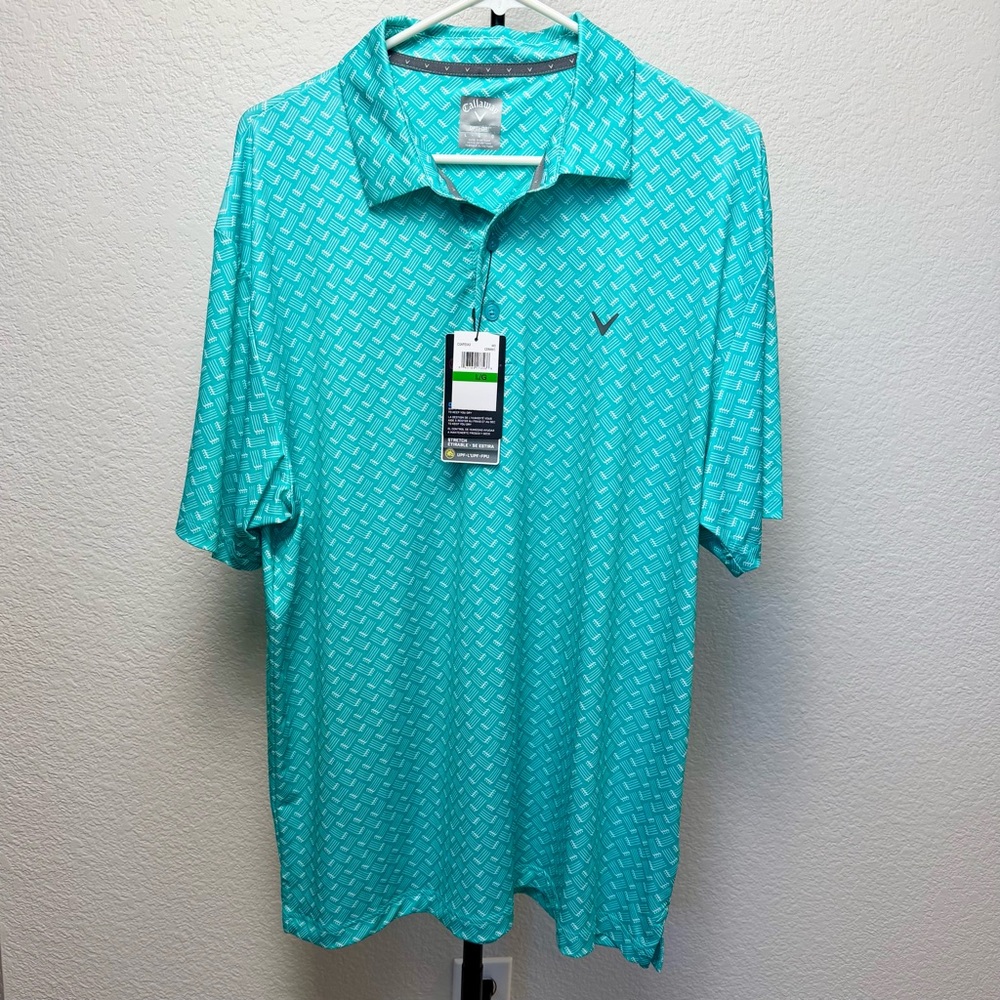 NWT Callaway Golf Men's Polo Shirt Large Teal Iron's Club Print Opti-Dri‎